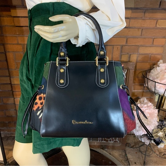 BRACCIALINI BLACK LEATHER SHOULDER BAG W/MULTI COLOR FABRIC SIDES - Picture 8 of 13